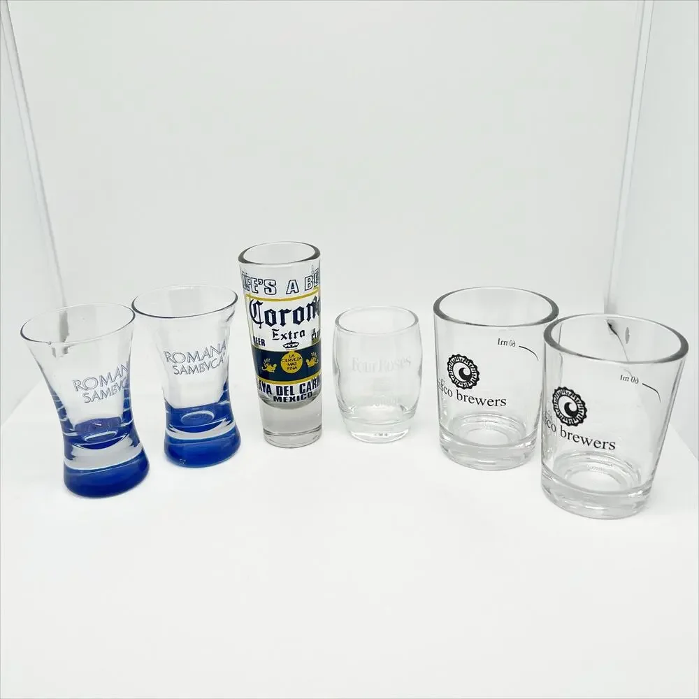 Lot of 6 Shot Glasses - Various Brands and Brewers - Corona, Four Roses, Cisco